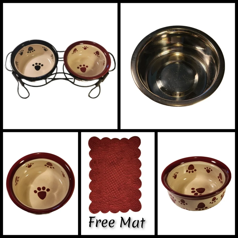 6-Pc Wrought Iron Pet Feeder w/ 4 Ceramic Pawprint Bowls & 1 Stainless Steel